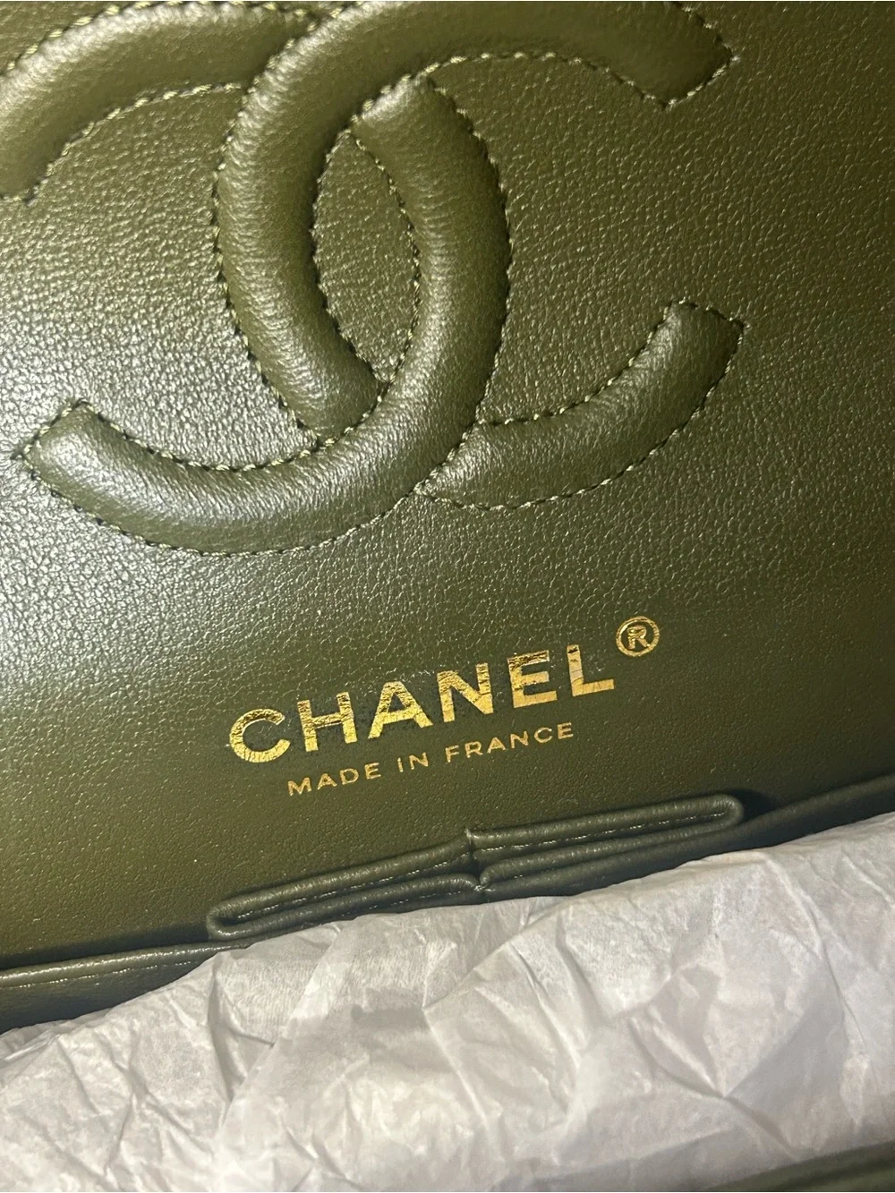CHANEL Small Classic Double Flap Lambskin Quilted Handbag Olive / Gold Hardware